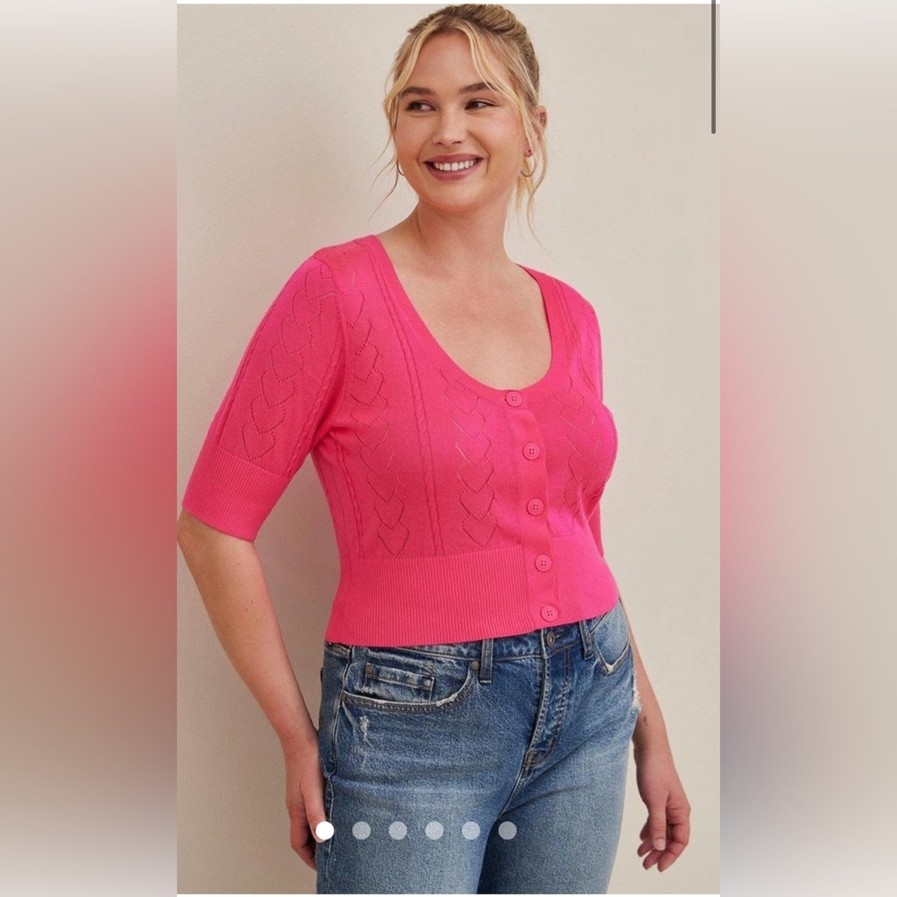 Torrid Pink Pointelle Cardigan Short Sleeve Cropped Sweater Size 2 Like new